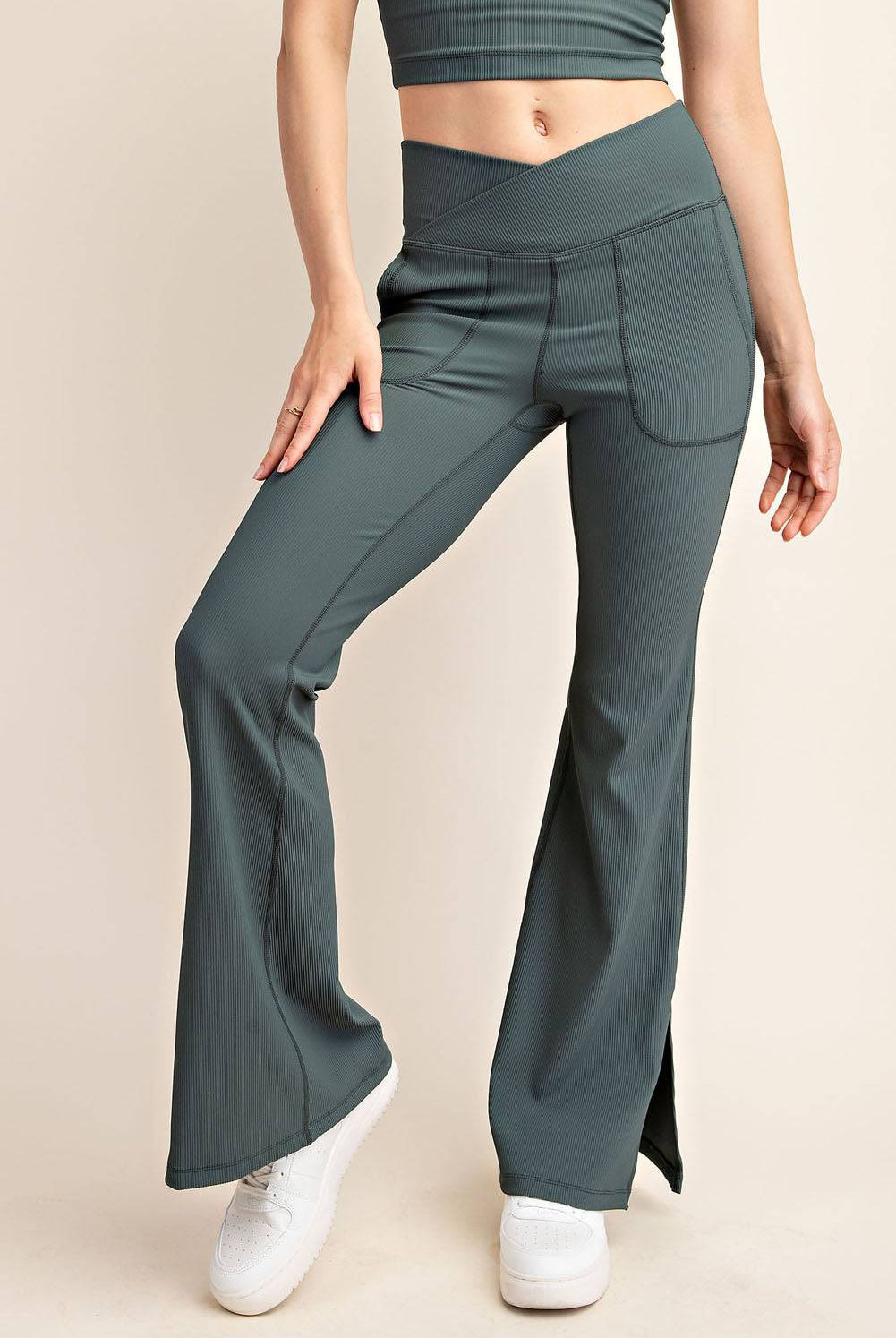 Nylon Rib V-waist Flare Leggings - Hype Up