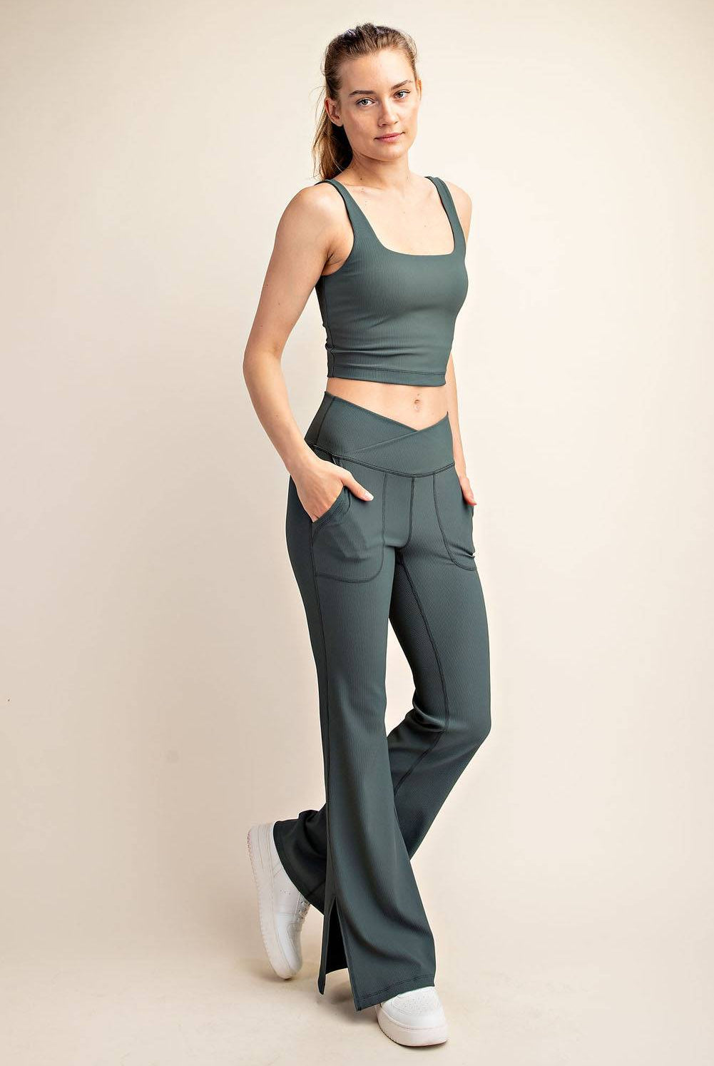 Nylon Rib V-waist Flare Leggings - Hype Up