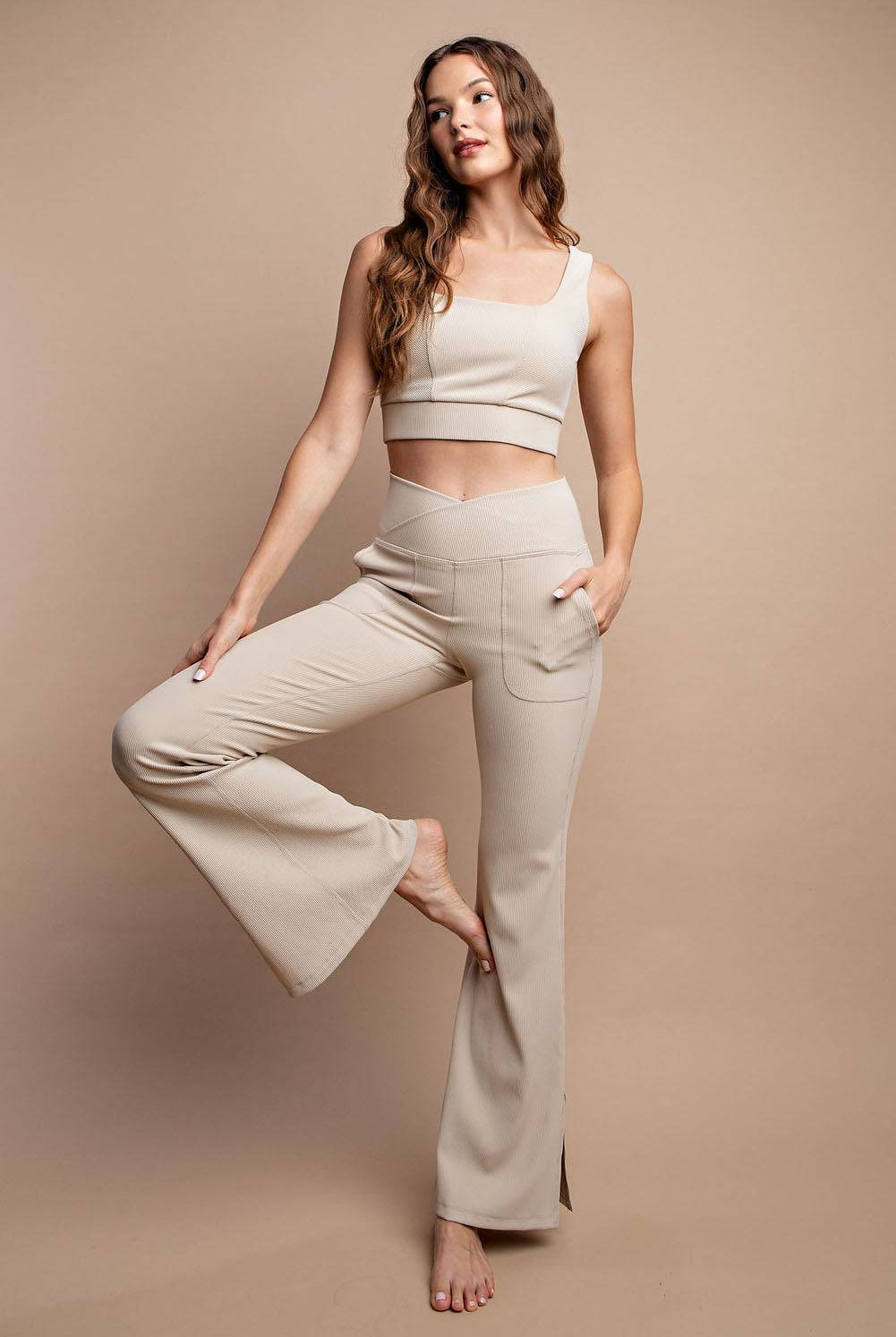 Nylon Rib V-waist Flare Leggings - Hype Up