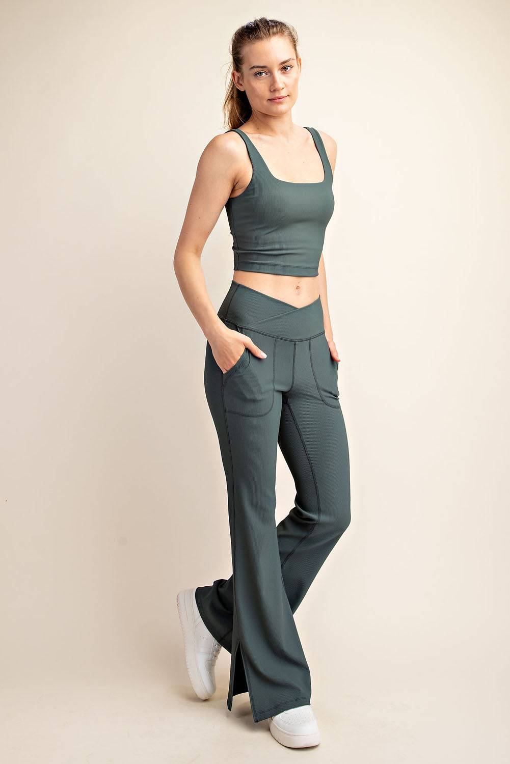 Nylon Rib V-waist Flare Leggings - Hype Up