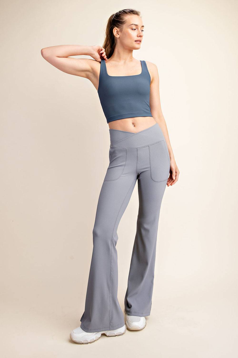 Nylon Rib V-waist Flare Leggings - Hype Up