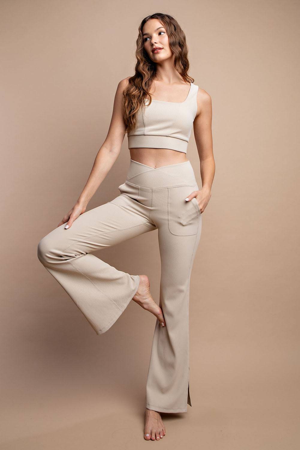 Nylon Rib V-waist Flare Leggings - Hype Up