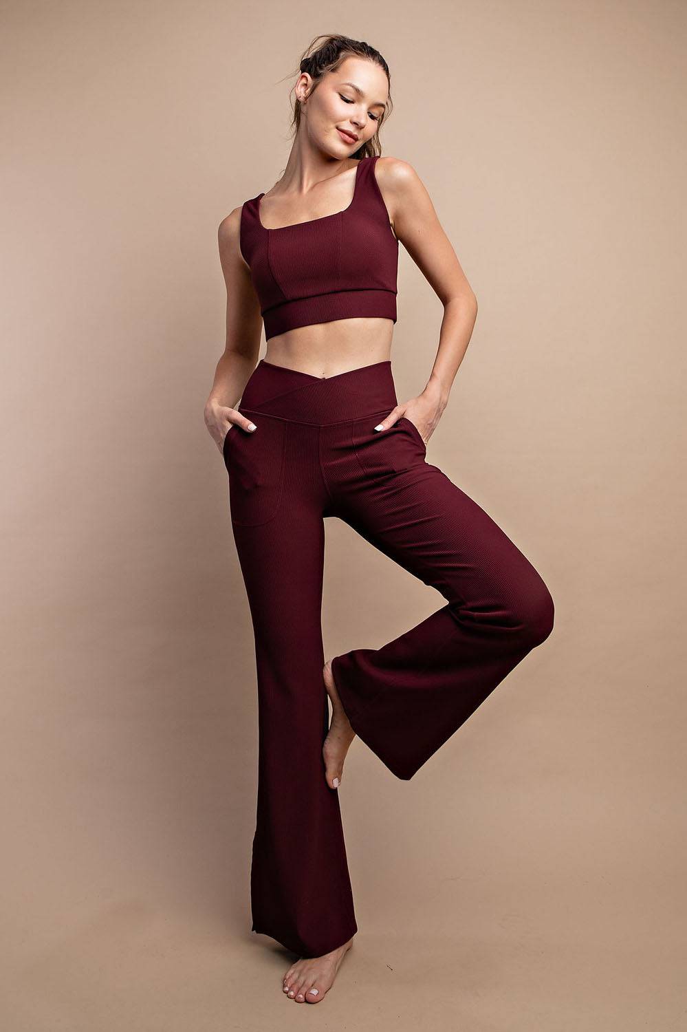 Nylon Rib V-waist Flare Leggings - Hype Up