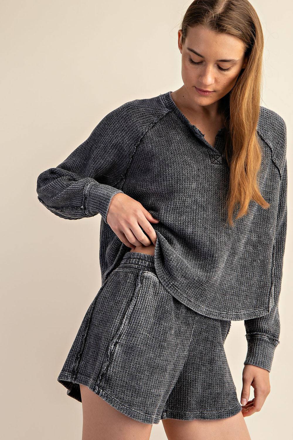 Mineral Washed Waffle Short Set - Hype Up